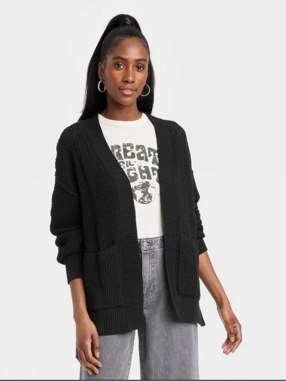 Black Open-Front Knit Cardigan Sweater